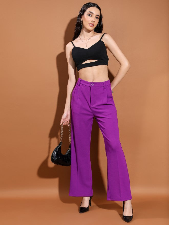 Tokyo Talkies Women Purple Solid Straight Fit Casual Trouser - Purple - Image 2
