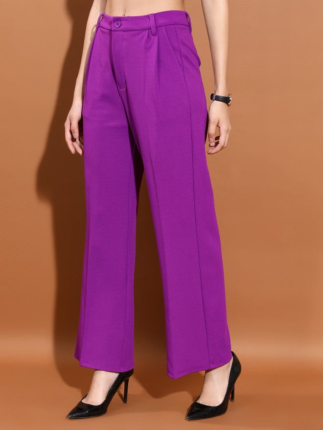 Tokyo Talkies Women Purple Solid Straight Fit Casual Trouser - Purple - Image 4