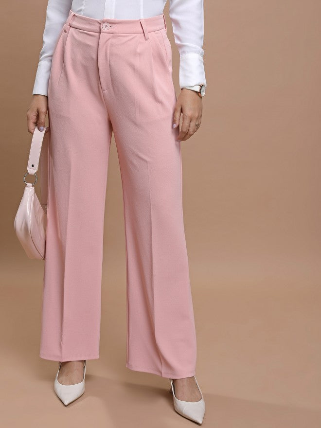 Tokyo Talkies Women Pink Solid Straight Fit Casual Trouser - Pink - Image 1