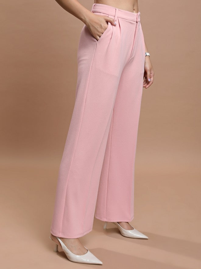 Tokyo Talkies Women Pink Solid Straight Fit Casual Trouser - Pink - Image 6