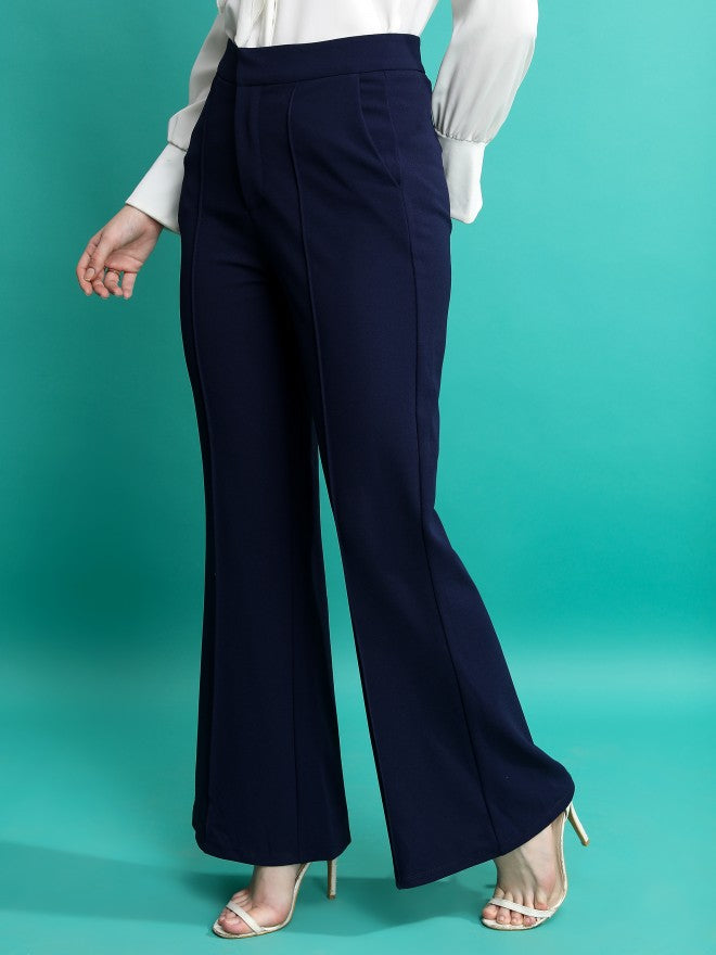 Tokyo Talkies Women Navy Blue Solid Flared Casual Trouser - Navy Blue - Image 4