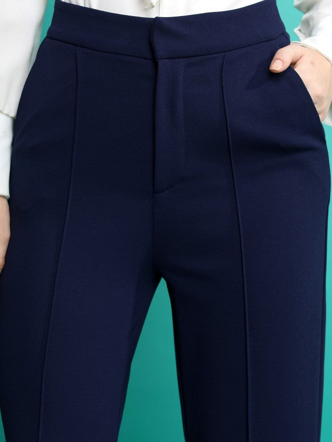Tokyo Talkies Women Navy Blue Solid Flared Casual Trouser - Navy Blue - Image 5