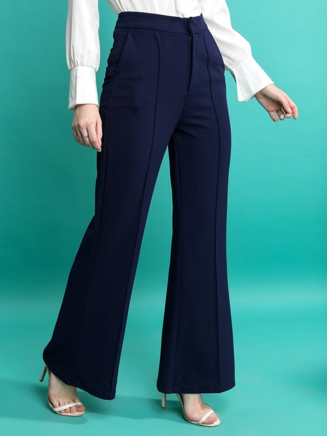 Tokyo Talkies Women Navy Blue Solid Flared Casual Trouser - Navy Blue - Image 6