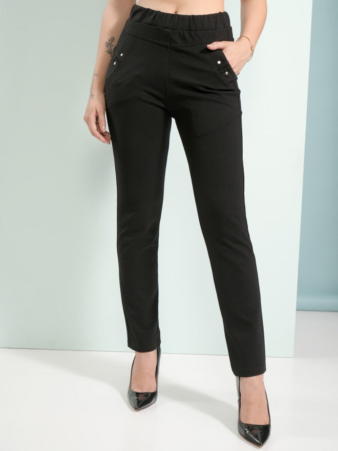 Tokyo Talkies Women Black Solid Skinny Fit Casual Trouser - Black - Image 1