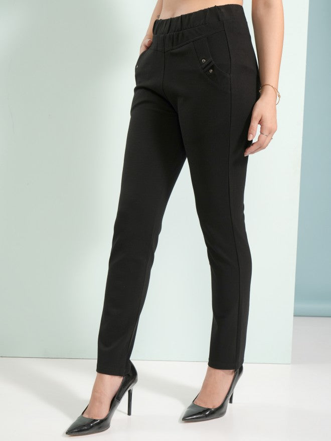 Tokyo Talkies Women Black Solid Skinny Fit Casual Trouser - Black - Image 4