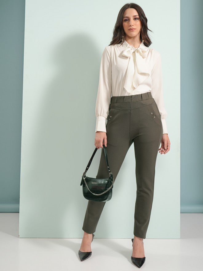 Tokyo Talkies Women Olive Solid Skinny Fit Casual Trouser - Olive - Image 2