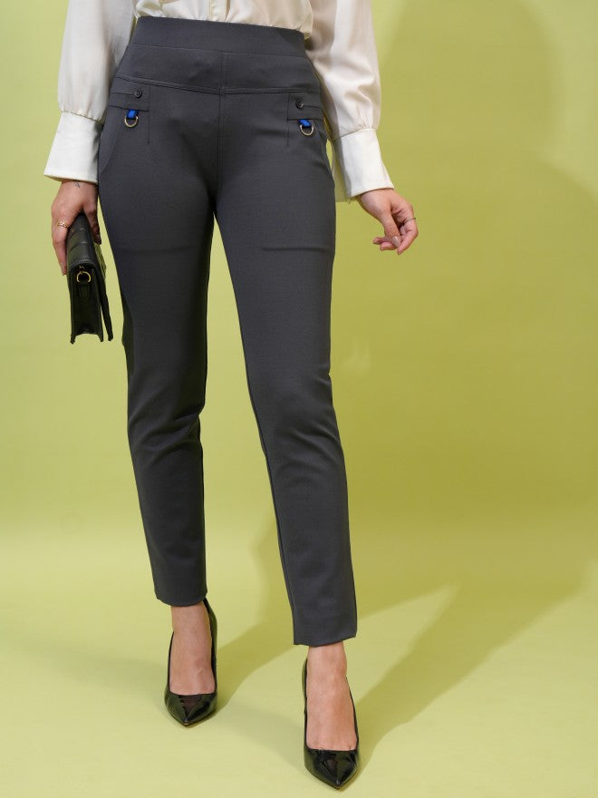 Tokyo Talkies Women Grey Solid Skinny Fit Casual Trousers - Grey - Image 1