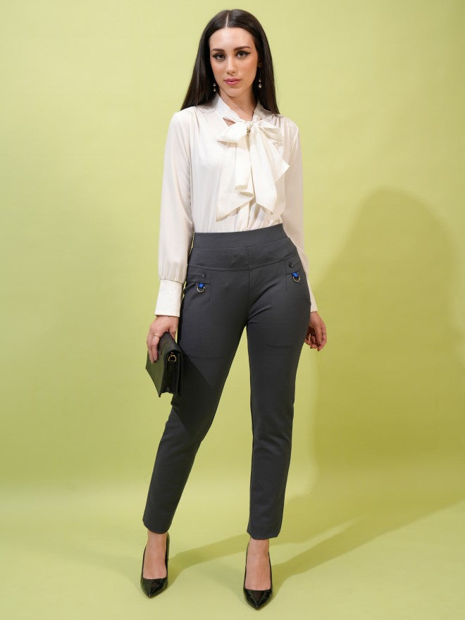 Tokyo Talkies Women Grey Solid Skinny Fit Casual Trousers - Grey - Image 2