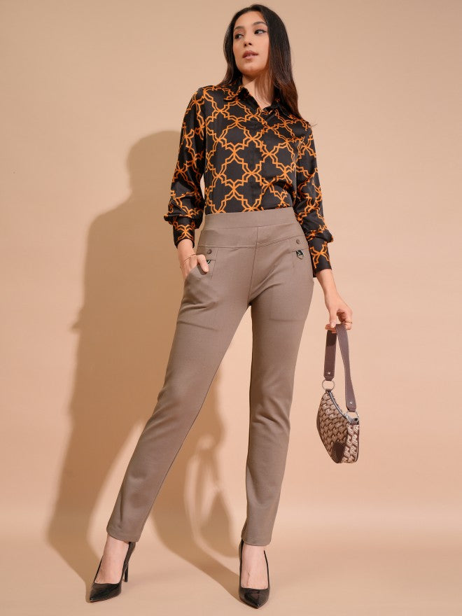 Tokyo Talkies Women Brown Solid Skinny Fit Regular Trousers - Brown - Image 2