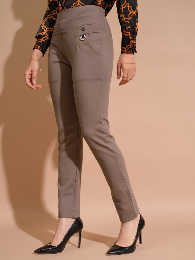 Tokyo Talkies Women Brown Solid Skinny Fit Regular Trousers - Brown - Image 4