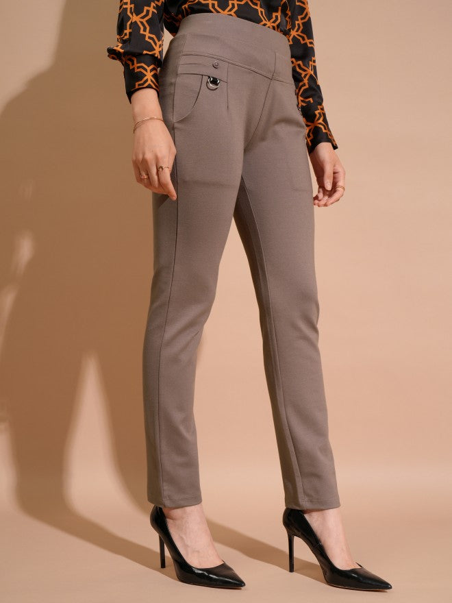 Tokyo Talkies Women Brown Solid Skinny Fit Regular Trousers - Brown - Image 6
