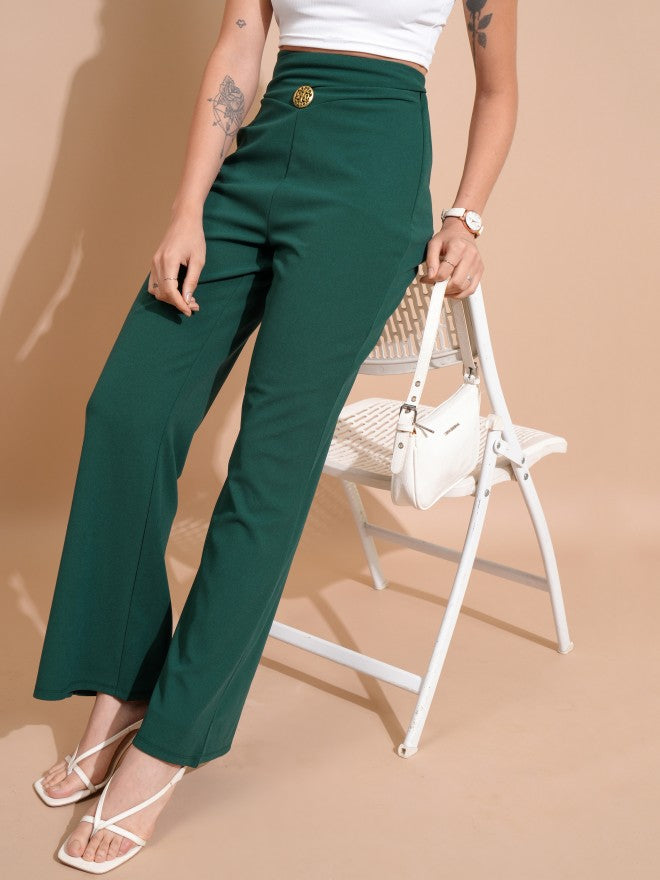 Tokyo Talkies Women Green Solid Regular Fit Bootcut Trousers - Green - Image 1