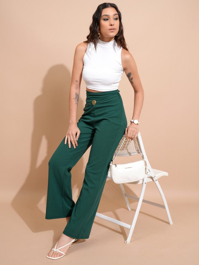 Tokyo Talkies Women Green Solid Regular Fit Bootcut Trousers - Green - Image 2