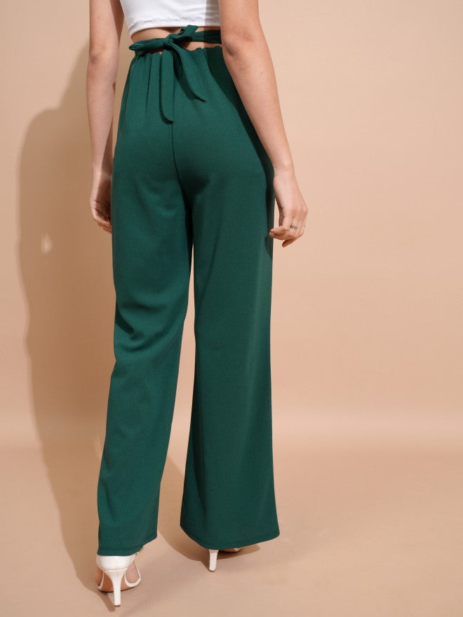 Tokyo Talkies Women Green Solid Regular Fit Bootcut Trousers - Green - Image 3