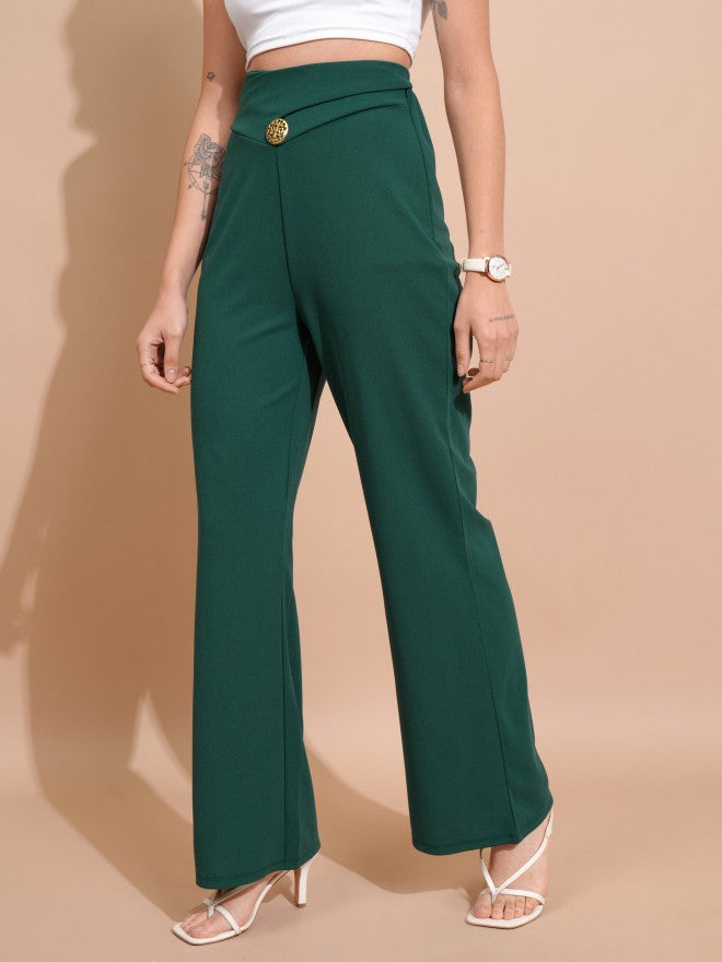 Tokyo Talkies Women Green Solid Regular Fit Bootcut Trousers - Green - Image 4
