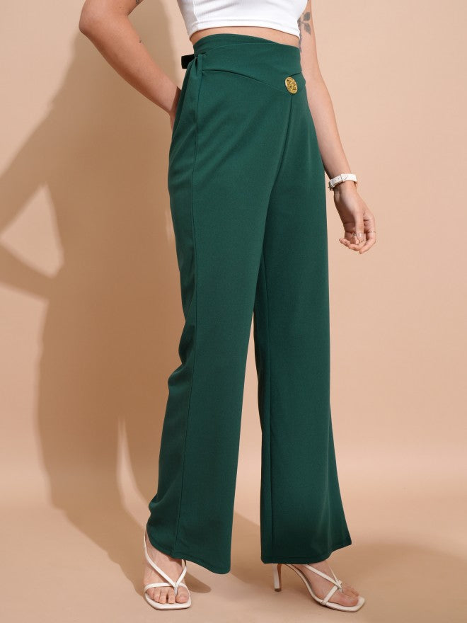 Tokyo Talkies Women Green Solid Regular Fit Bootcut Trousers - Green - Image 6
