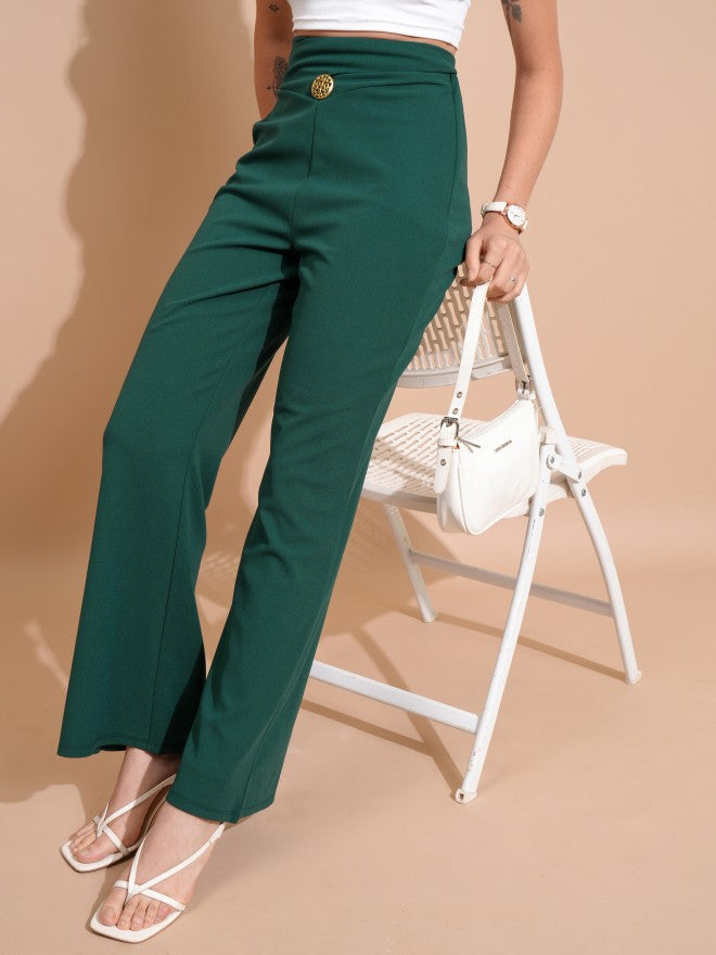 Tokyo Talkies Women Green Solid Regular Fit Bootcut Trousers - Green - Image 8