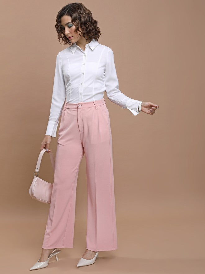 Tokyo Talkies Women Pink Solid Straight Fit Casual Trouser - Pink - Image 1