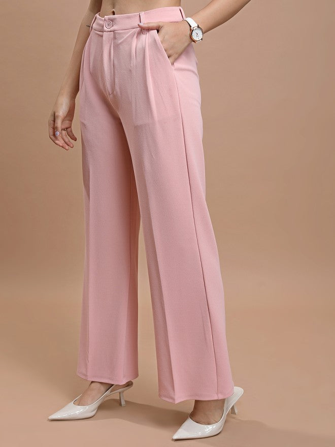 Tokyo Talkies Women Pink Solid Straight Fit Casual Trouser - Pink - Image 3