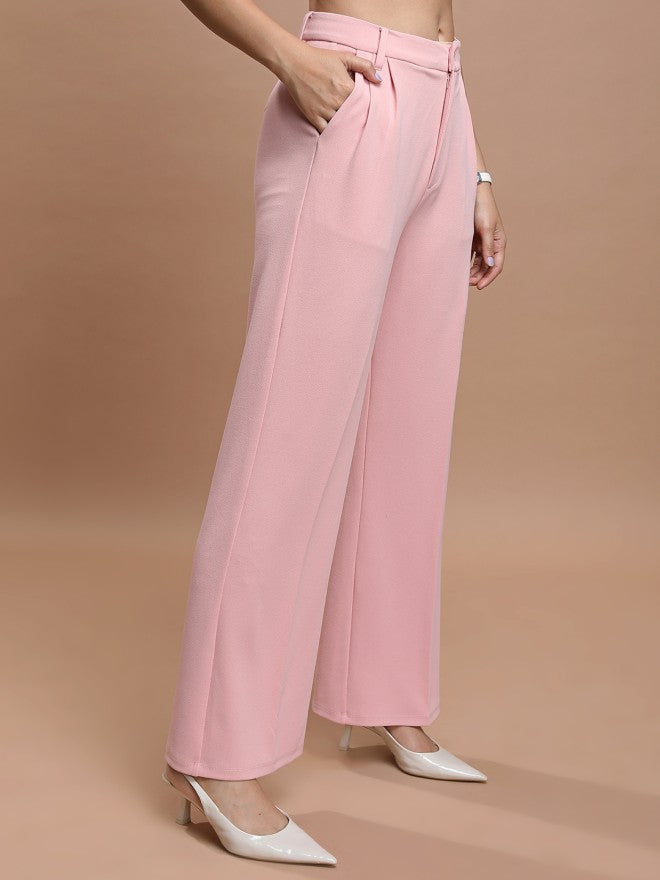Tokyo Talkies Women Pink Solid Straight Fit Casual Trouser - Pink - Image 5