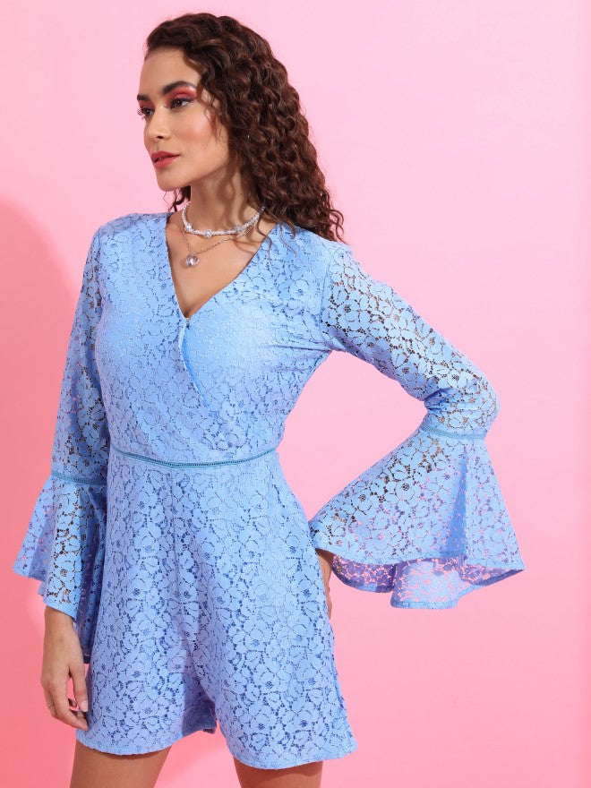 Tokyo Talkies Women Blue Self Design Playsuit - Blue - Image 4