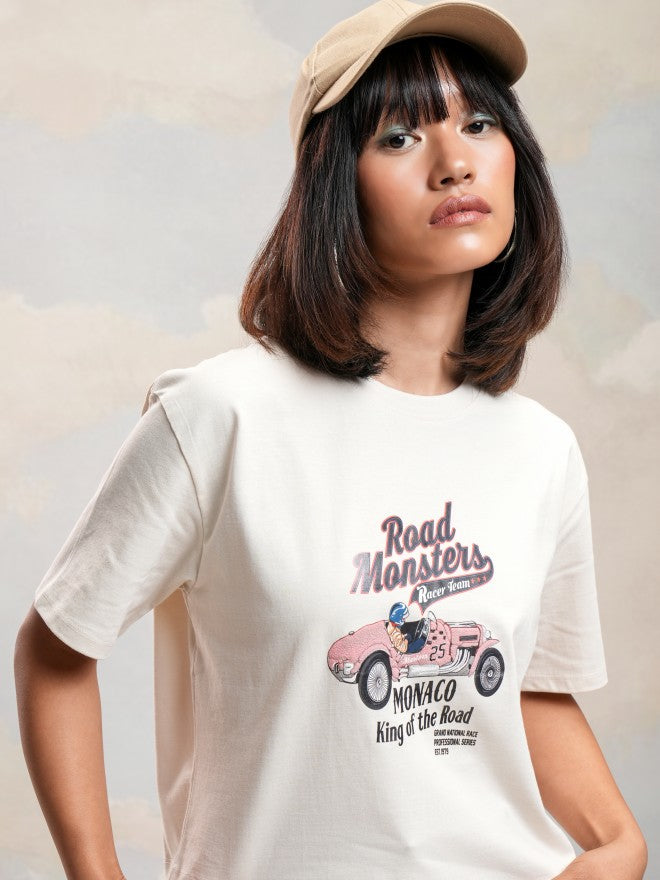 Tokyo Talkies Women Off White Printed Round Neck T-Shirt - Off White - Image 1