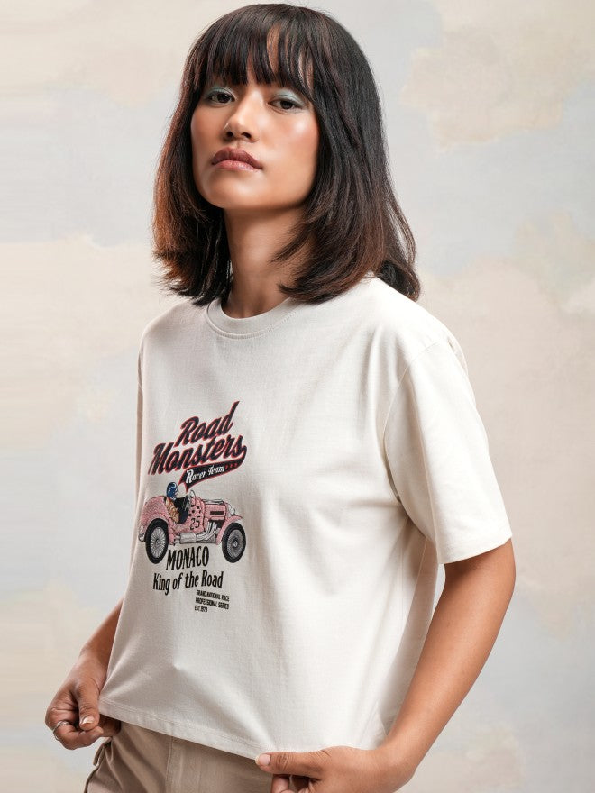 Tokyo Talkies Women Off White Printed Round Neck T-Shirt - Off White - Image 4
