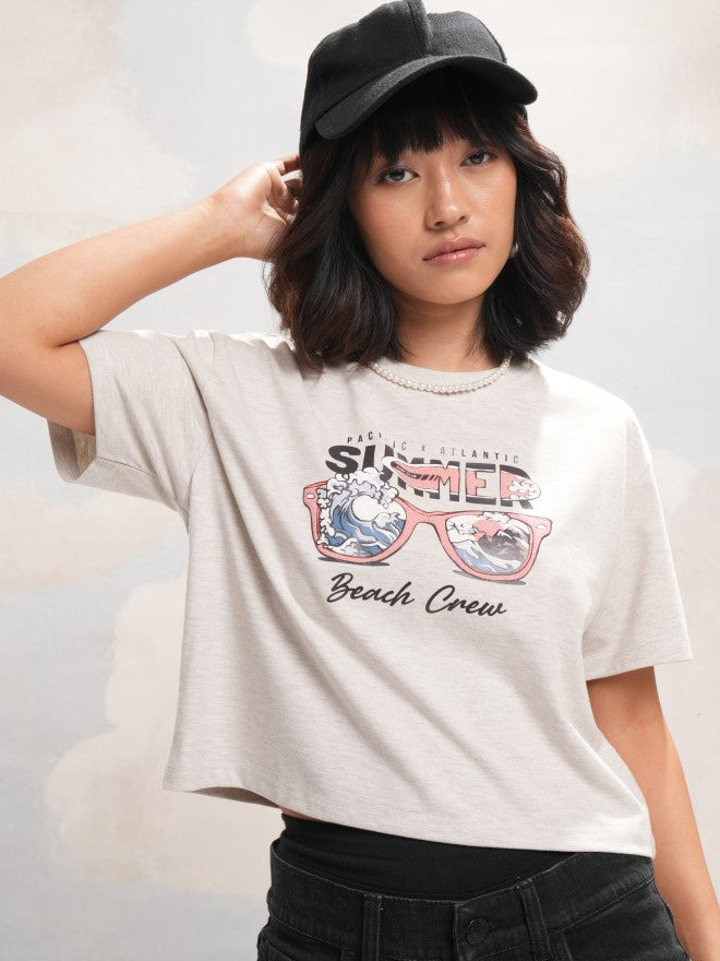 Tokyo Talkies Women Grey Printed Round Neck T-Shirt - Grey - Image 1