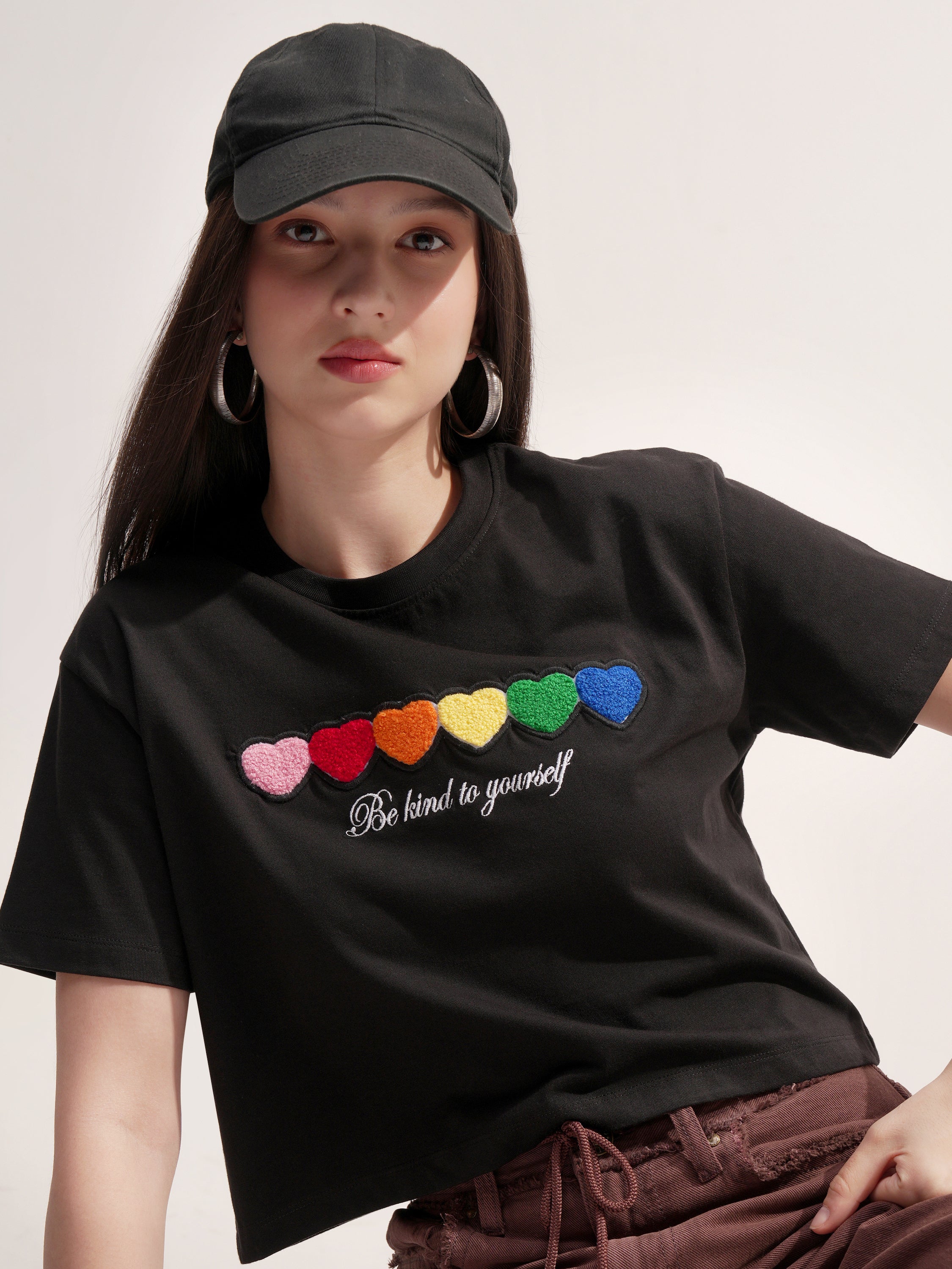 Tokyo Talkies Women Black Applique Round Neck T-Shirt - Black - Image 1