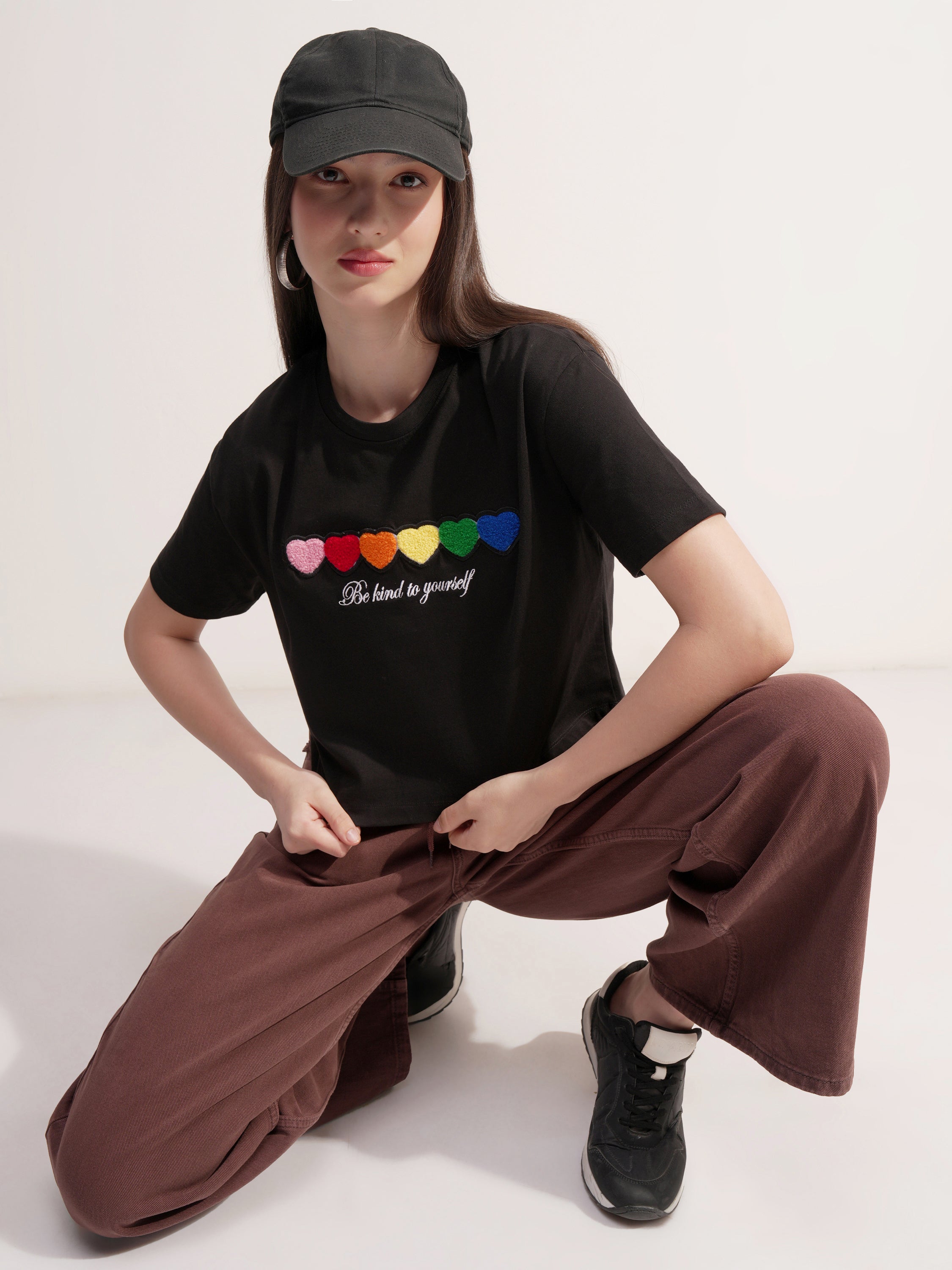 Tokyo Talkies Women Black Applique Round Neck T-Shirt - Black - Image 2