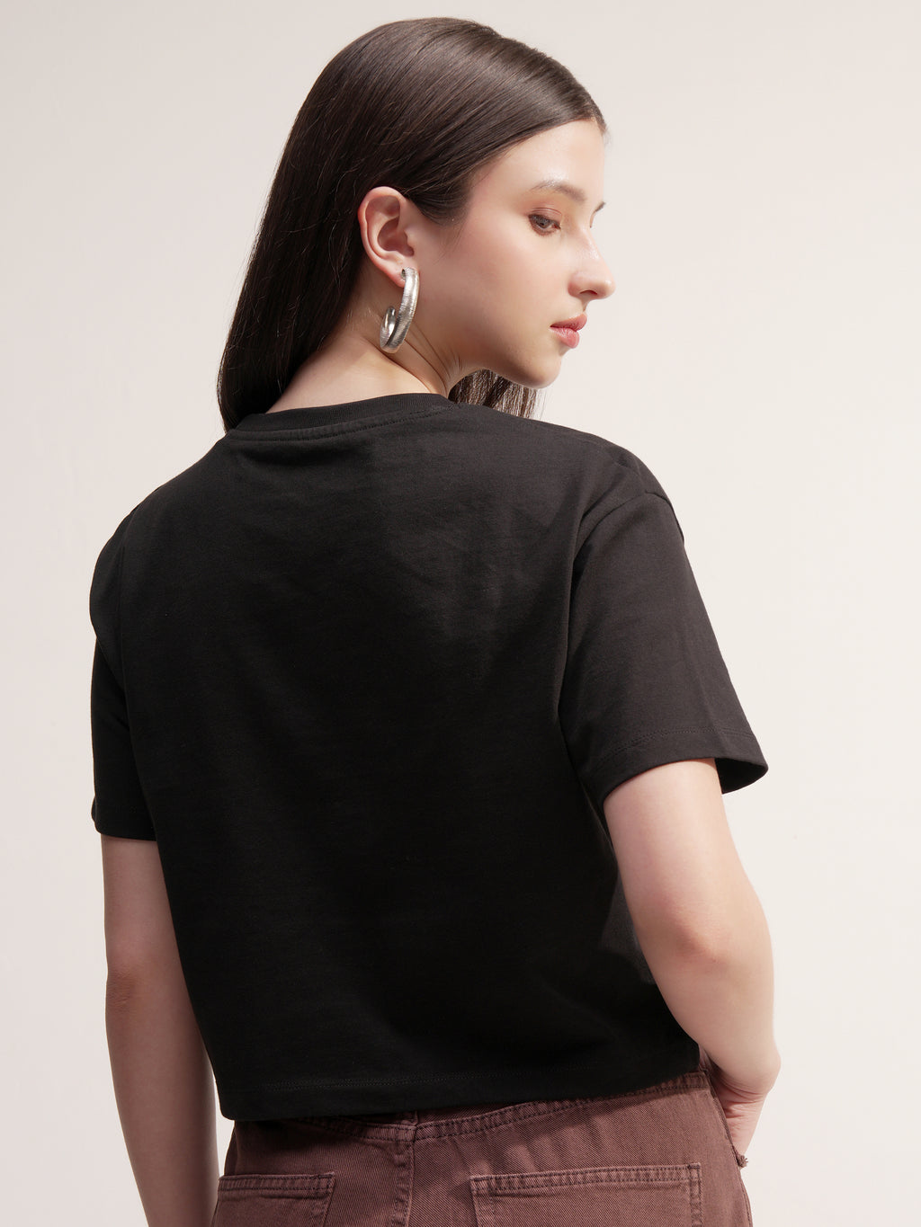 Tokyo Talkies Women Black Applique Round Neck T-Shirt - Black - Image 3