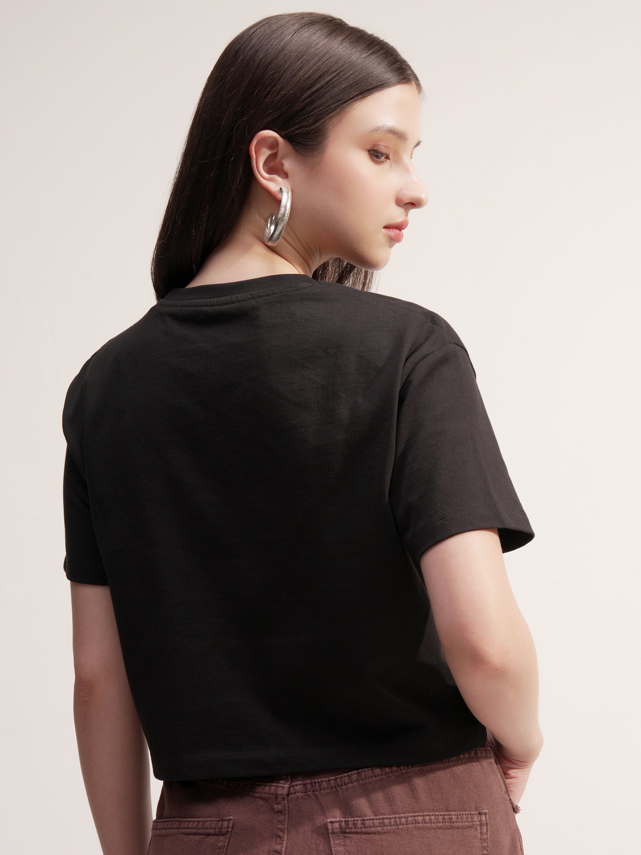 Tokyo Talkies Women Black Applique Round Neck T-Shirt - Black - Image 3
