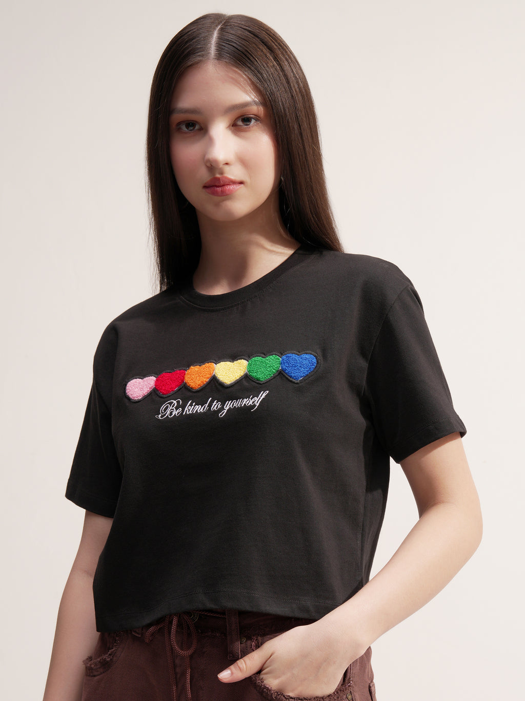 Tokyo Talkies Women Black Applique Round Neck T-Shirt - Black - Image 4