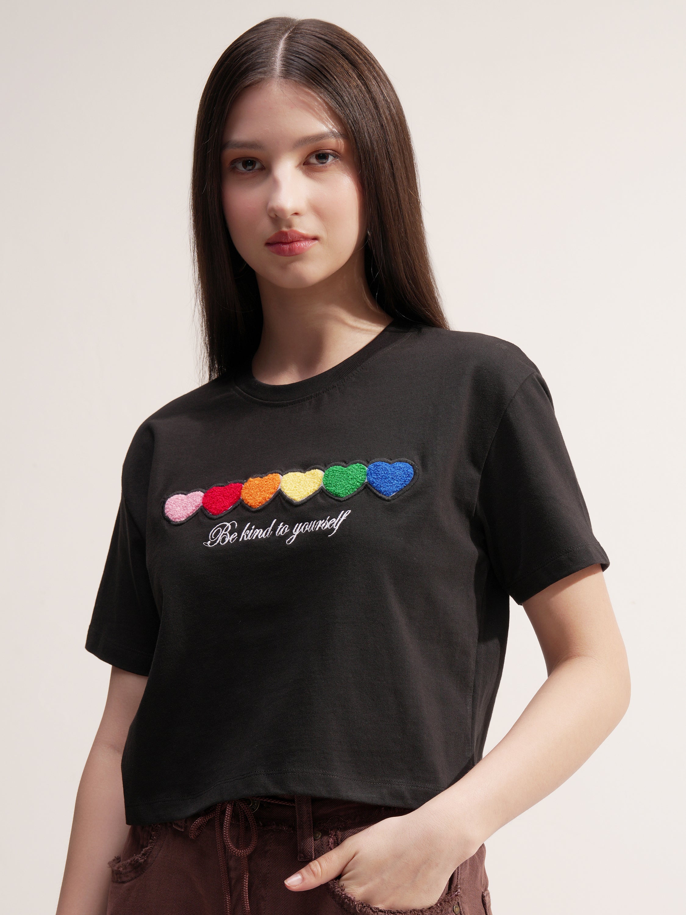 Tokyo Talkies Women Black Applique Round Neck T-Shirt - Black - Image 4