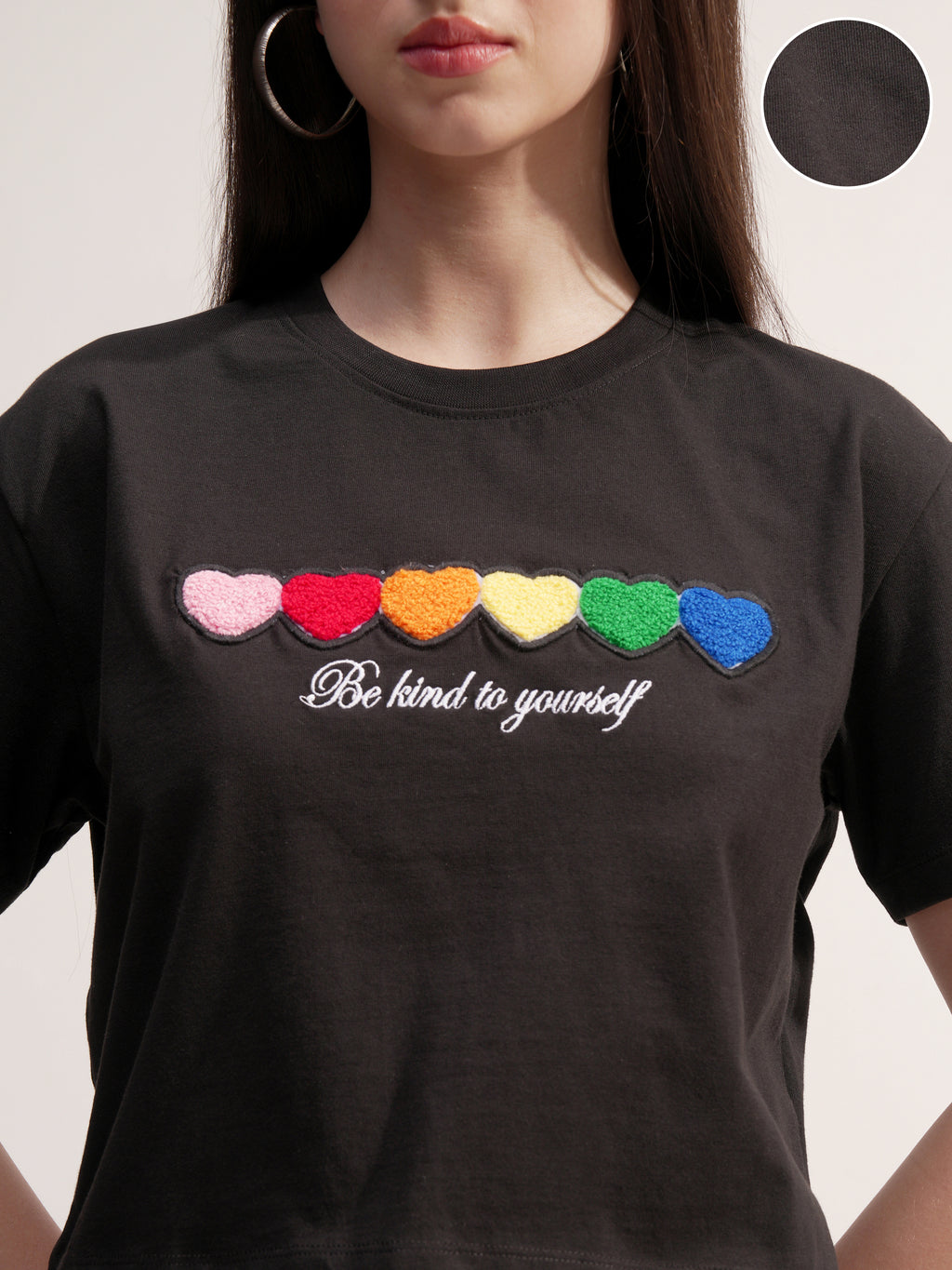 Tokyo Talkies Women Black Applique Round Neck T-Shirt - Black - Image 5