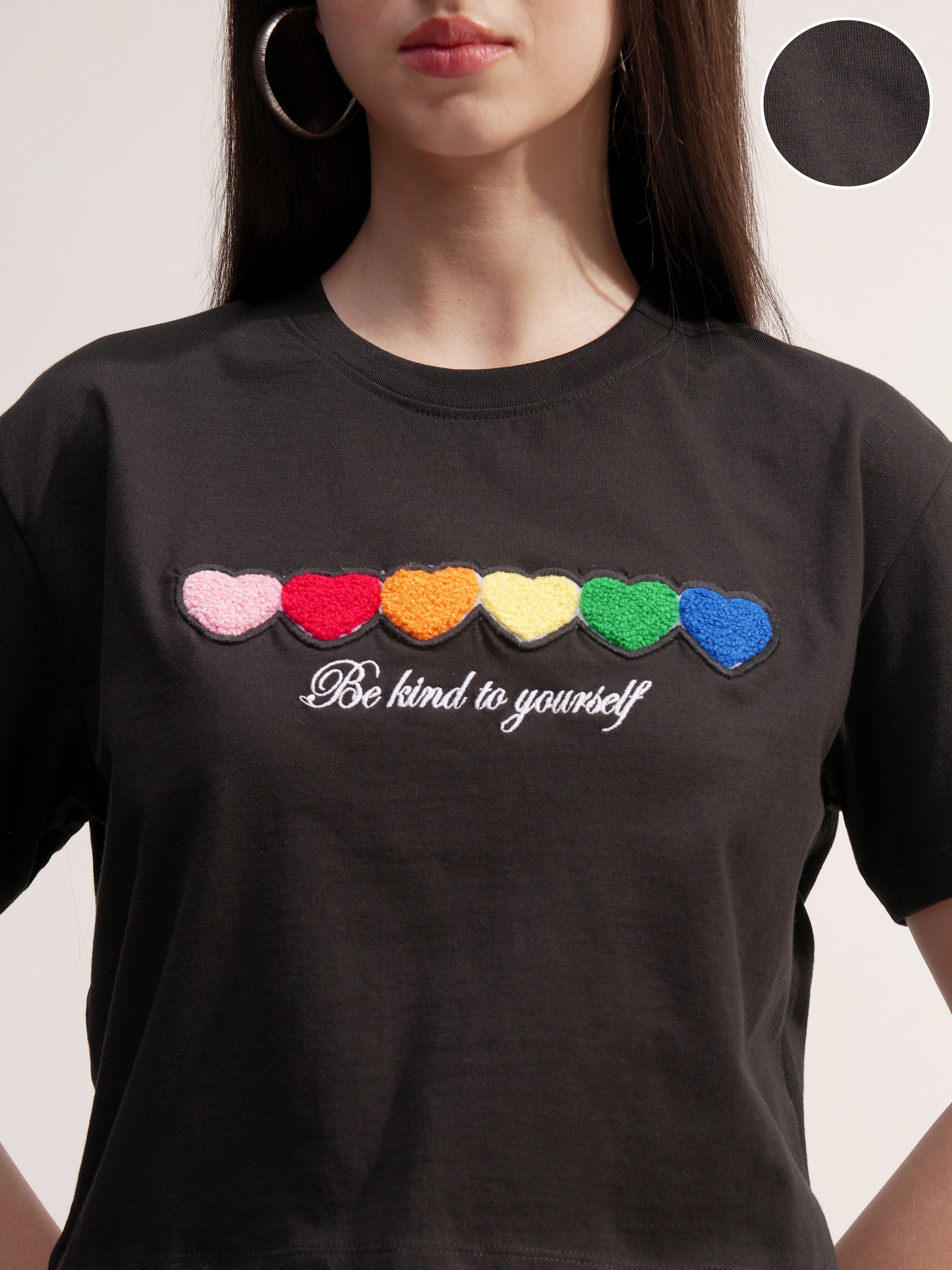 Tokyo Talkies Women Black Applique Round Neck T-Shirt - Black - Image 5