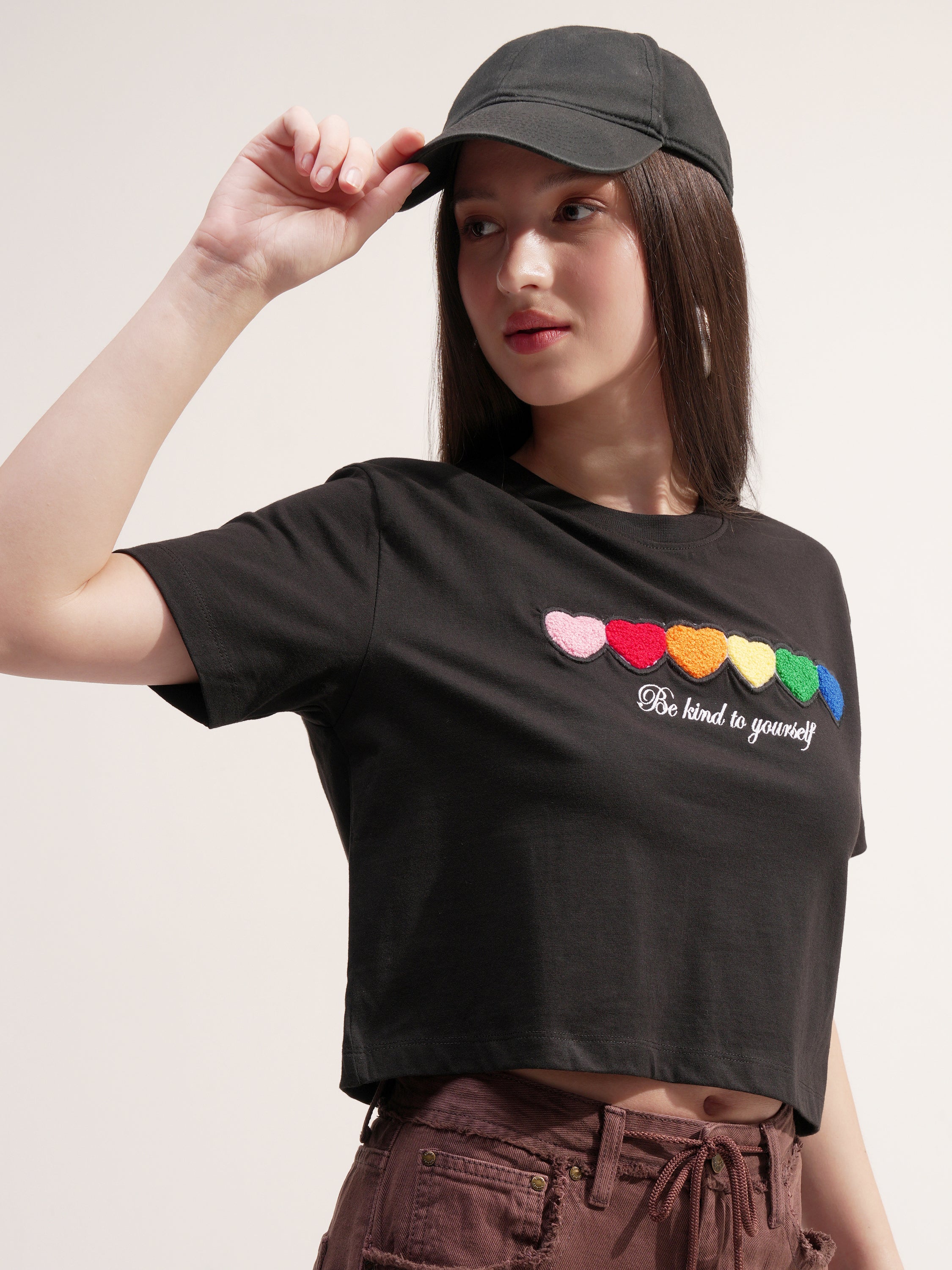 Tokyo Talkies Women Black Applique Round Neck T-Shirt - Black - Image 6