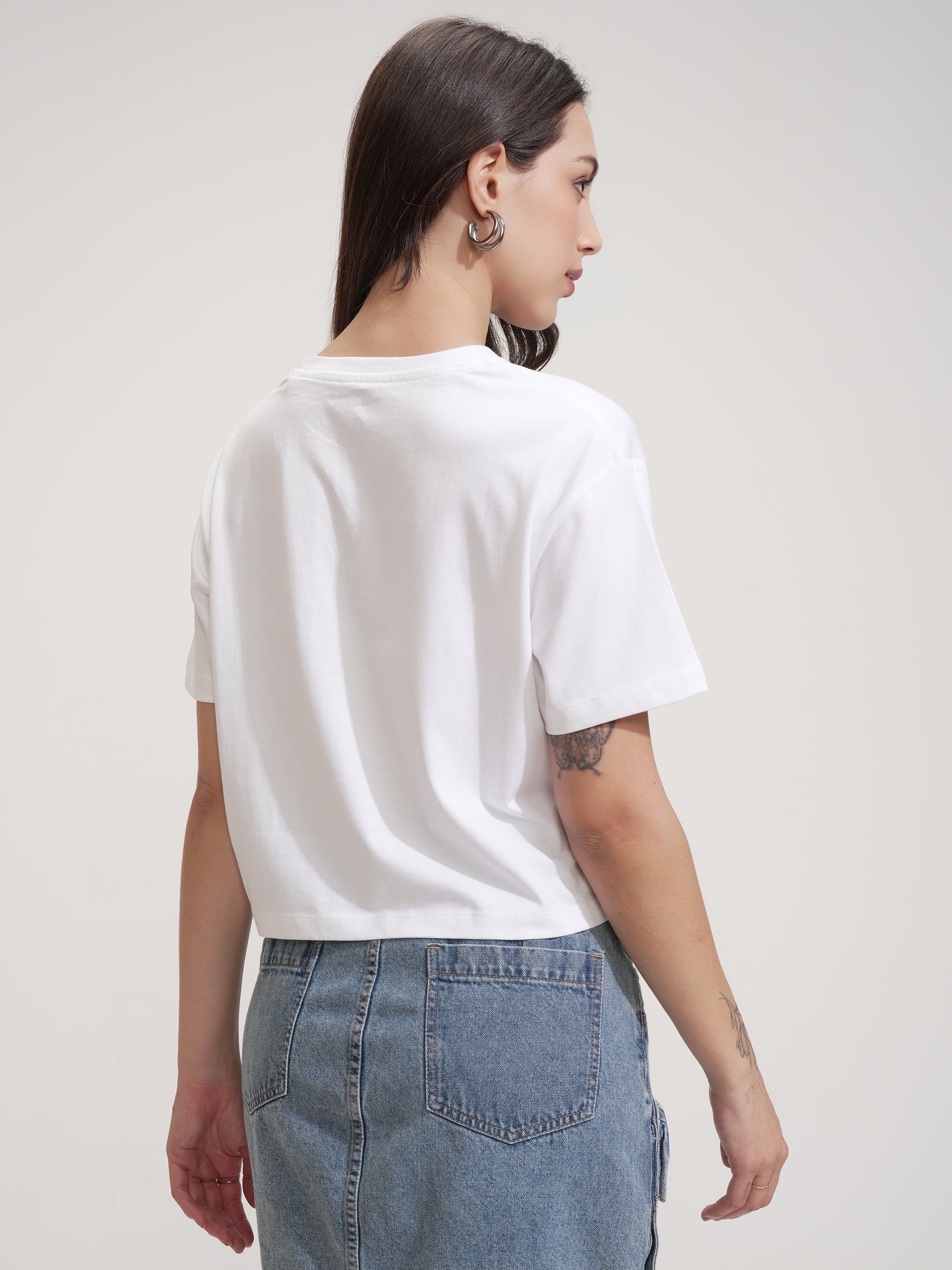 Tokyo Talkies Women White Solid Round Neck T-Shirt - White - Image 3