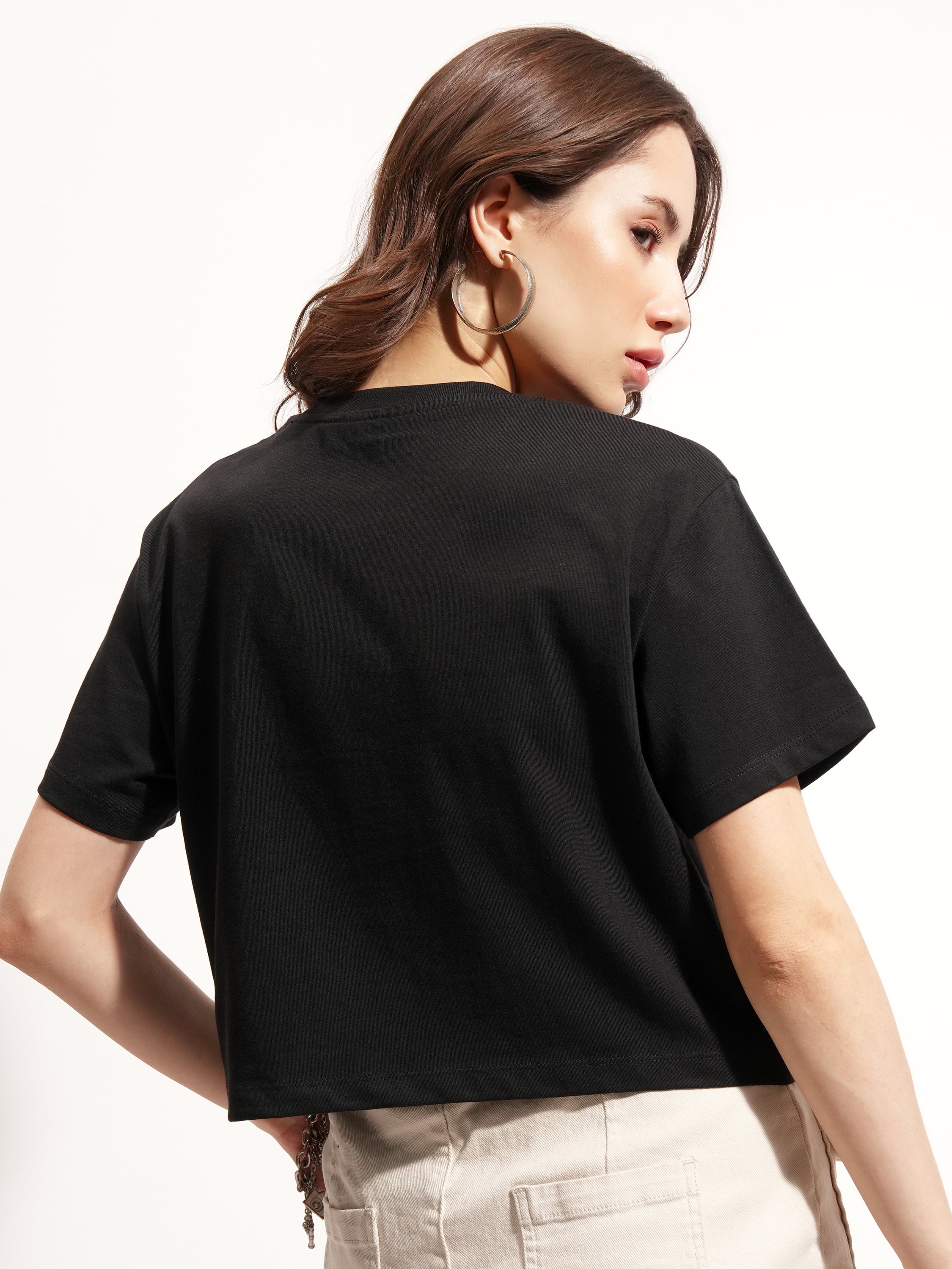 Tokyo Talkies Women Black Solid Round Neck T-Shirt - Black - Image 3
