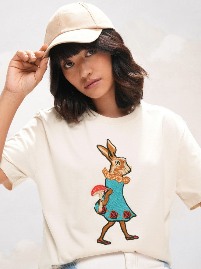 Tokyo Talkies Women Off White Applique Round Neck T-Shirt - Off White - Image 1