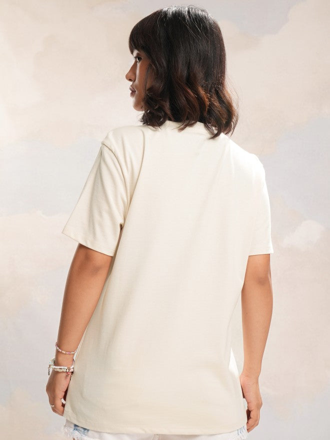 Tokyo Talkies Women Off White Applique Round Neck T-Shirt - Off White - Image 3
