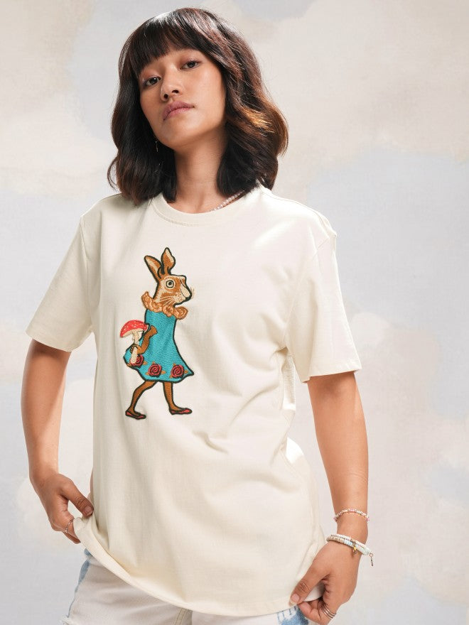 Tokyo Talkies Women Off White Applique Round Neck T-Shirt - Off White - Image 4