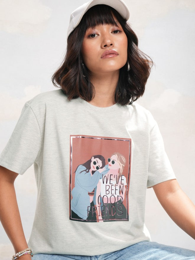 Tokyo Talkies Women Grey Printed Round Neck T-Shirt - Grey - Image 1
