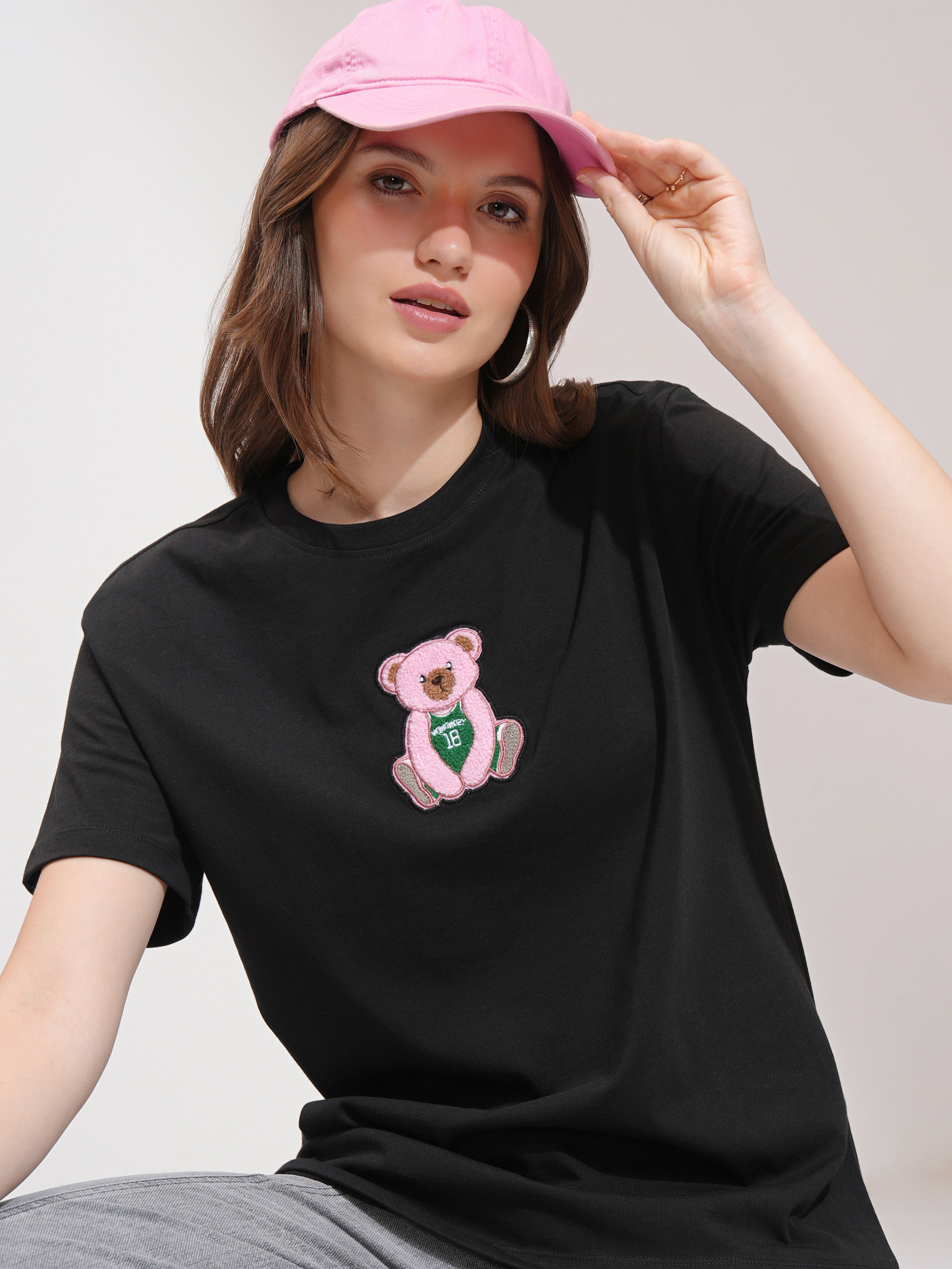 Tokyo Talkies Women Black Self Design Round Neck T-Shirt - Black - Image 1