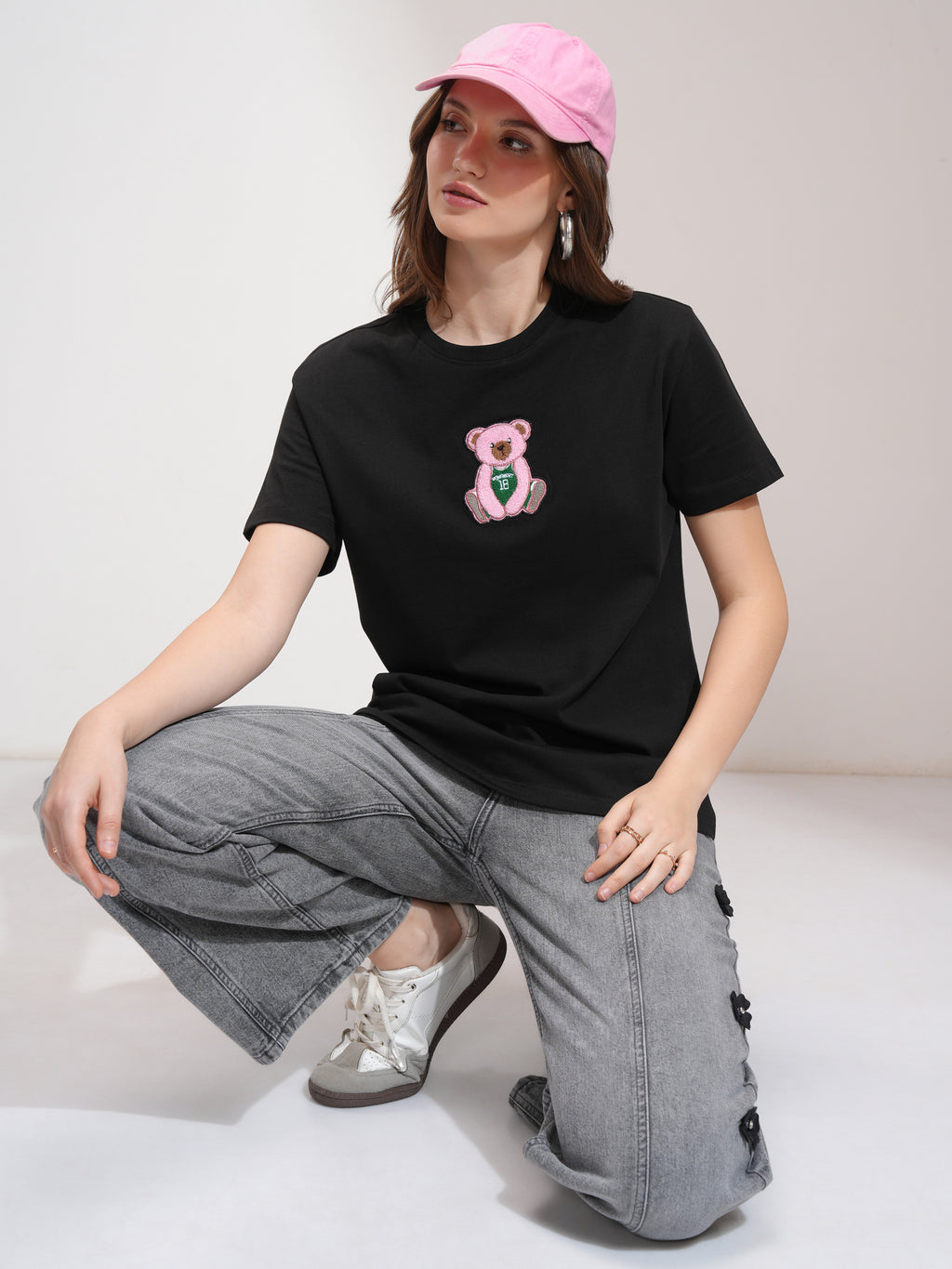Tokyo Talkies Women Black Self Design Round Neck T-Shirt - Black - Image 2