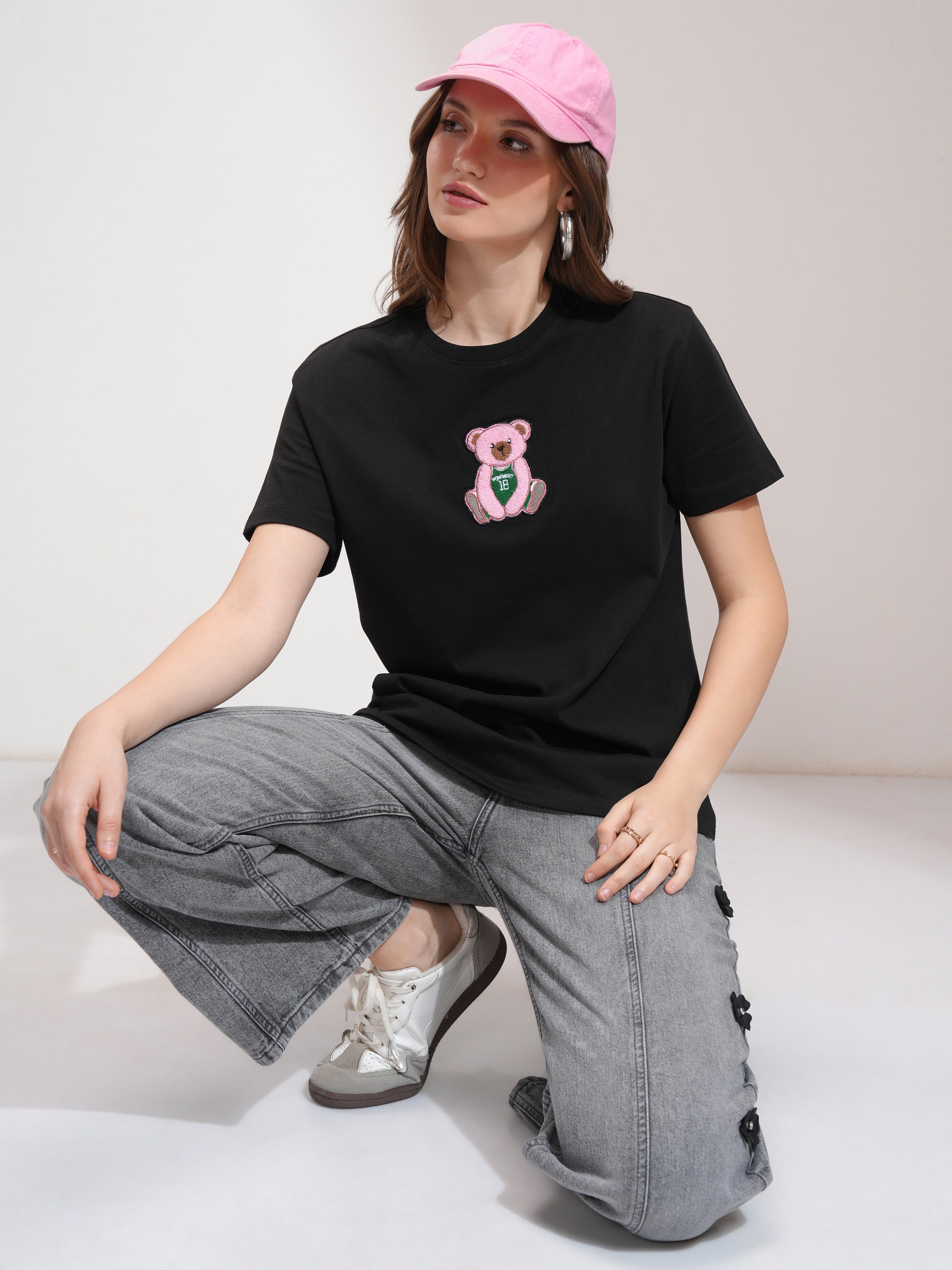 Tokyo Talkies Women Black Self Design Round Neck T-Shirt - Black - Image 2