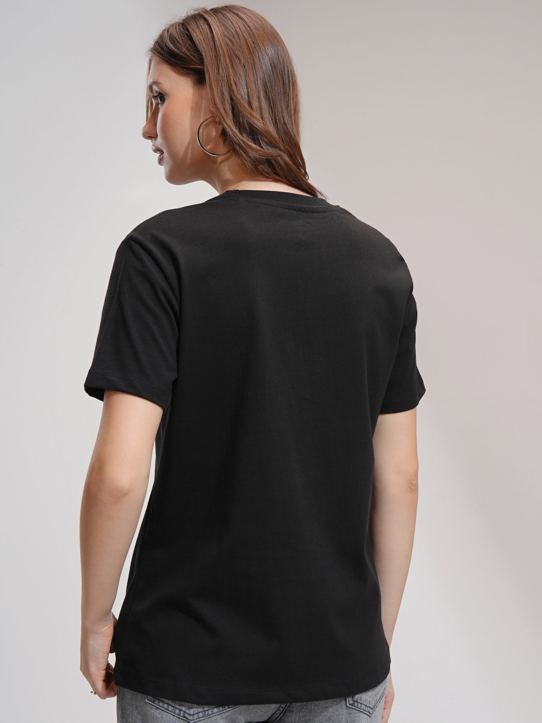 Tokyo Talkies Women Black Self Design Round Neck T-Shirt - Black - Image 3