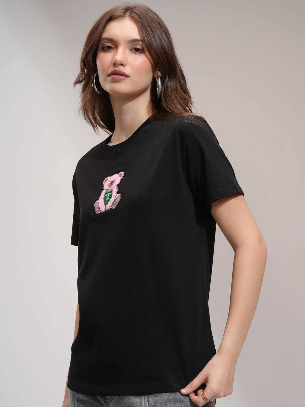 Tokyo Talkies Women Black Self Design Round Neck T-Shirt - Black - Image 4