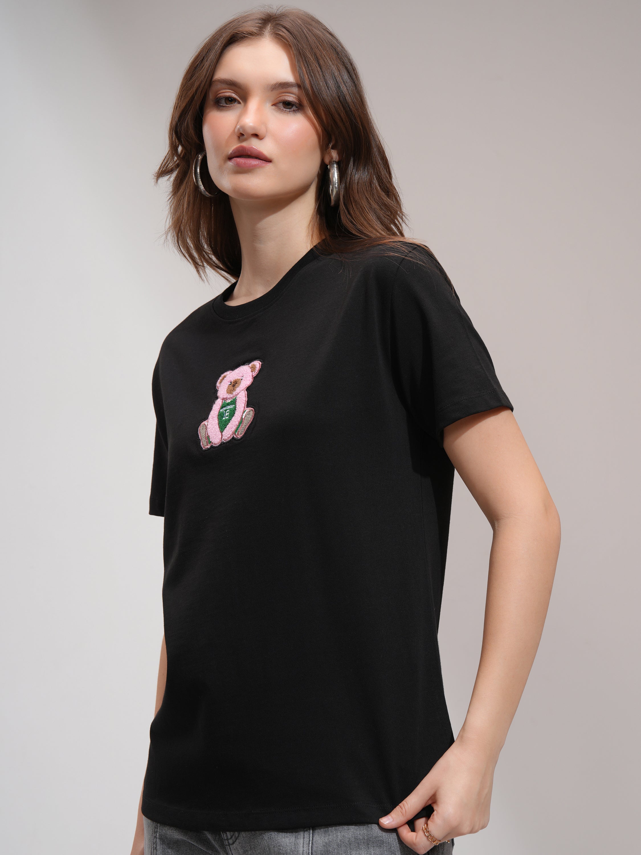 Tokyo Talkies Women Black Self Design Round Neck T-Shirt - Black - Image 4