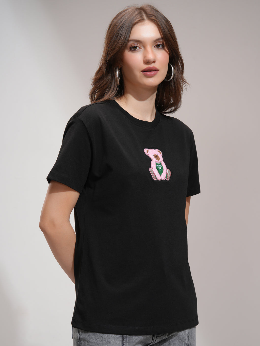 Tokyo Talkies Women Black Self Design Round Neck T-Shirt - Black - Image 6